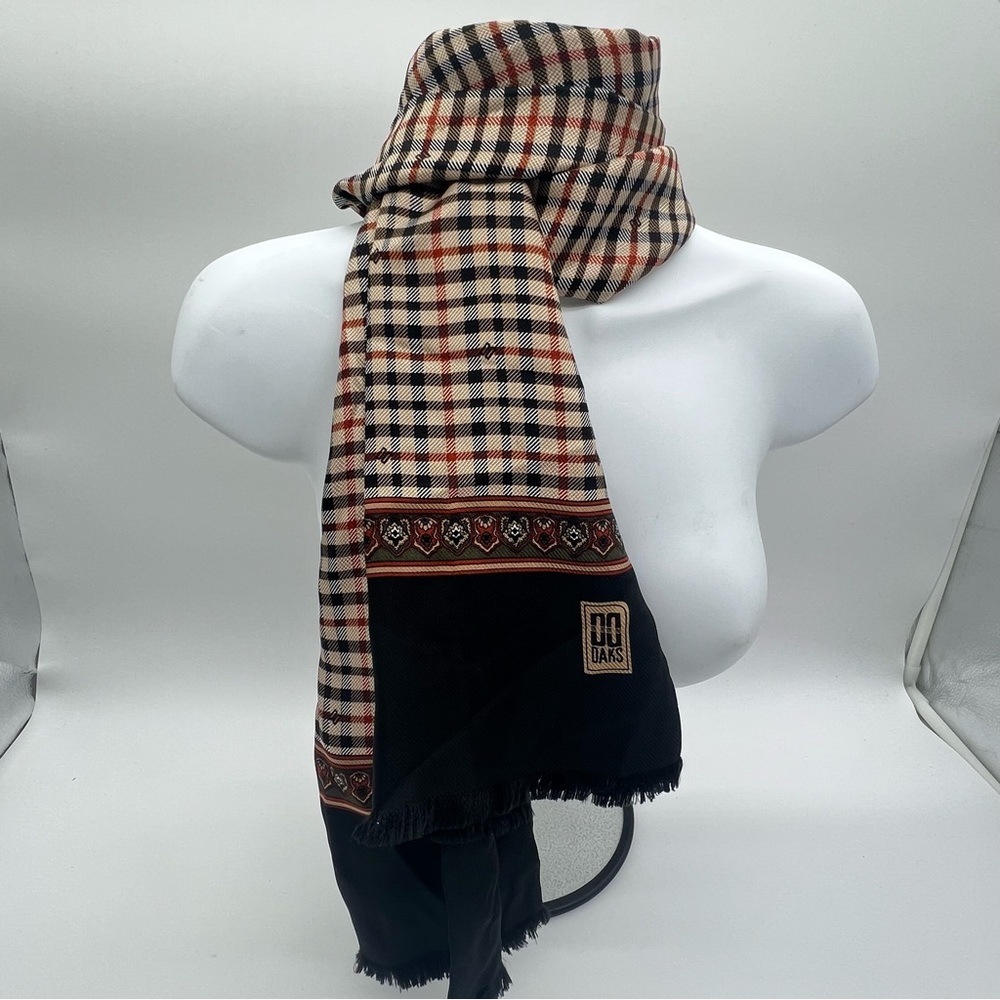 DAKS LONDON Unisex Checkered Silk Scarf - Black, Cream, and Rust | GUC